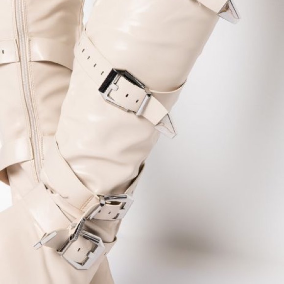 Dolls Kill Bone Vegan Leather Tall Slouchy Knee High Stiletto Heel Boots - Picture 4 of 4